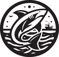 Illustration of a shark in a circle with a fishing boat in the background