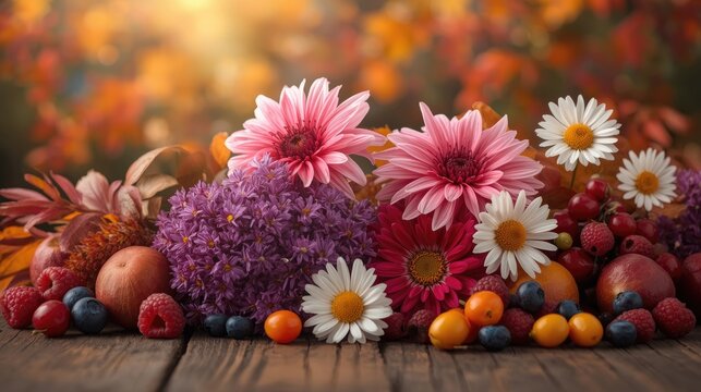 A vibrant autumnal arrangement of flowers, fruits, and berries on a rustic wooden surface, featuring warm autumnal hues and a gentle bokeh background.