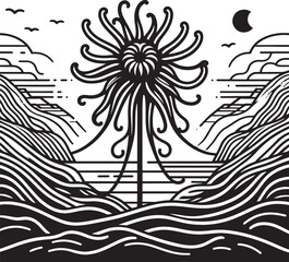Hand drawn sun and waves. Vector illustration in black and white