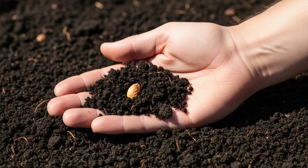 A hand holds a seed covered in soil over dark earth