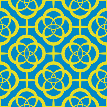 Simple seamless geometric flower pattern made of yellow circular lines on a blue background. Modern abstract design for textile, wallpaper, wrapping paper, and decoration.