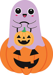 Halloween Vector Illustration &ndash; Spooky Pumpkin, Ghost, Witch, Haunted House, Skeleton, Black Cat, Flat Cartoon Design