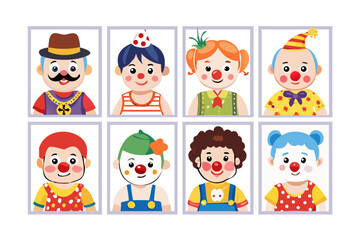 Group of eight distinct cartoon clowns with varied outfits and accessories