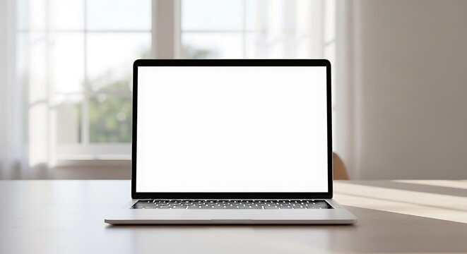 A modern laptop computer sits on a light wooden table, showcasing a blank screen against a soft, out-of-focus background of a window with sheer curtains.