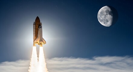 Obraz premium A powerful space shuttle ascends against a backdrop of a night sky, complete with the moon, showcasing a dramatic launch.