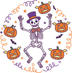 Halloween Vector Illustration &ndash; Spooky Pumpkin, Ghost, Witch, Haunted House, Skeleton, Black Cat, Flat Cartoon Design