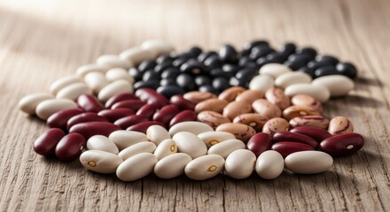 Assorted beans arranged in a circular pattern on a wooden surface