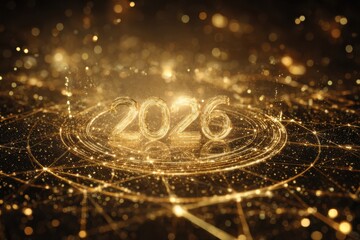 A shimmering golden background featuring the number twenty surrounded by a circle of glowing lights, perfect for a futuristic New Year concept.