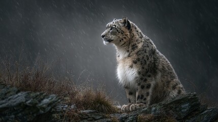Obraz premium Snow leopard perched on Himalayan cliff in rain