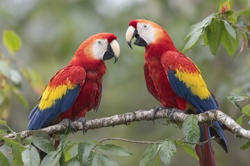 Obraz premium Pair of scarlet macaws perched on rainforest branch