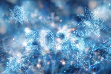 A vibrant blue background adorned with delicate snowflakes and a prominent number, creating a festive and futuristic New Year atmosphere.