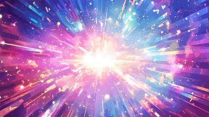 Fototapeta premium カラフルな光と粒子が爆発する、輝く放射状のデザイン