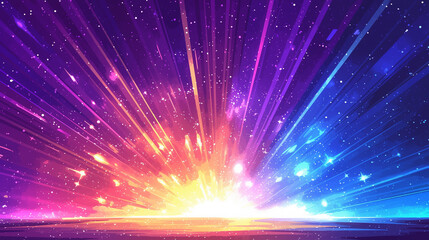カラフルな光と粒子が爆発する、輝く放射状のデザイン
