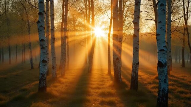 Sunrise or sunset in a spring birch forest with rays of sun shining