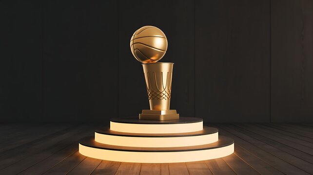 Golden basketball trophy sits on illuminated pedestal. Use for marketing, sports design, editorial.