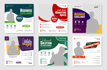 Digital Marketing Agency Social Media Post Design Template | Business Promotion Graphic for instagram & facebook | Editable square banner design with place for the photo | Social media post bundle