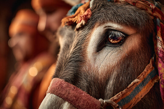 Close-up portrait of a donkey prepared for the Palio dei Somari d&rsquo;Autunno. Its bridle decorated with colorful ribbons and fabric, eyes reflecting torchlight.