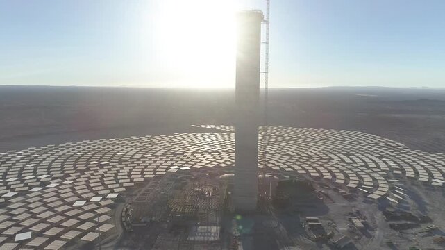 Aerial drone videos of the Cerro Dominador solar thermal power plant under construction in the Atacama Desert, Chile