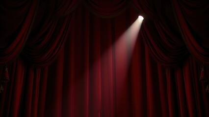 Dramatic red velvet theater curtains with golden details, illuminated by a spotlight.