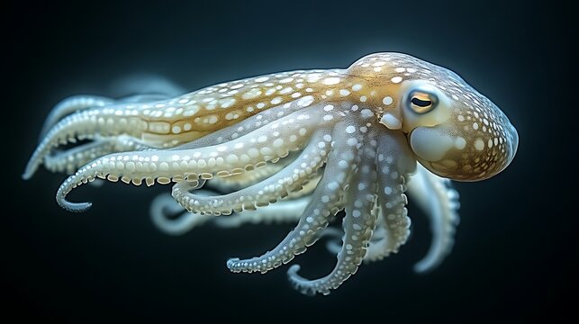 Close-up of a light-brown octopus with white spots, against a dark background.  Its tentacles are spread wide