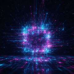 Naklejka premium Futuristic Glowing Data Cube with Neon Light Beams and Digital Grid