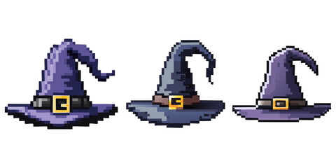 Three detailed pixel art witch hats with a golden buckle in a spooky retro fantasy style