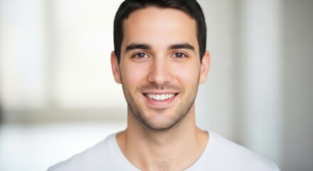 A close-up portrait of a smiling young man with short dark hair and a white t-shirt, looking directly at the camera with a friendly expression.