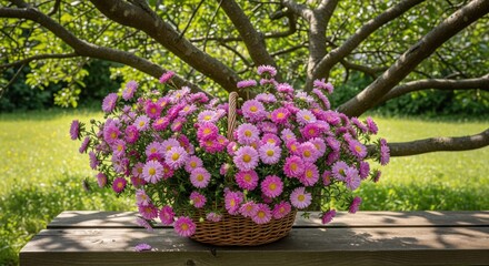 Obraz premium A basket brimming with vibrant pink flowers sits on a rustic wooden bench beneath a leafy tree canopy