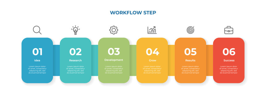 Business process infographic timeline with 6 steps. Modern flat design template showing stages from marketing icons. Creative horizontal workflow chart