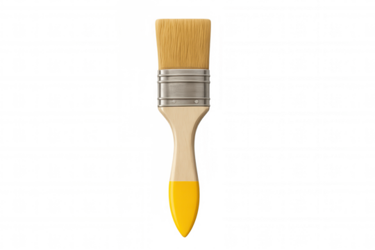 Paintbrush featuring natural bristles, a metal ferrule, and a wooden handle with a yellow tip, ready for creative work. Transparent background