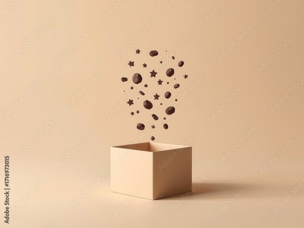 Poster creative magic box unveiling surprising elements minimalist studio setting digital art concept top-d