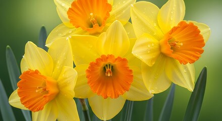 Fototapeta premium Bright Yellow Daffodils with Orange Centers Water Droplets in Fresh Garden Setting
