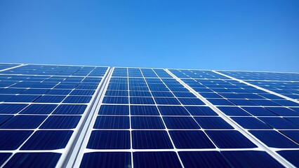Obraz premium Solar panels under a clear blue sky, representing clean energy and sustainability.