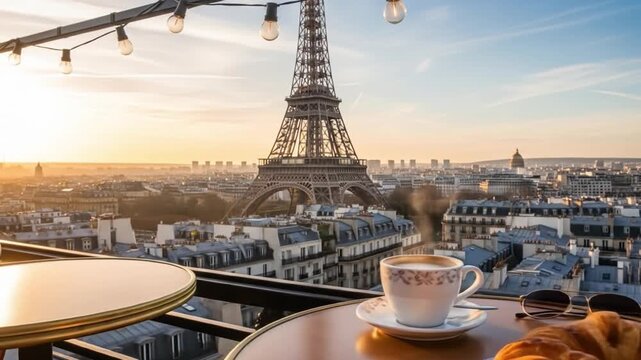 Parisian view with Eiffel Tower backdrop coffee  croissant on a table under string lights