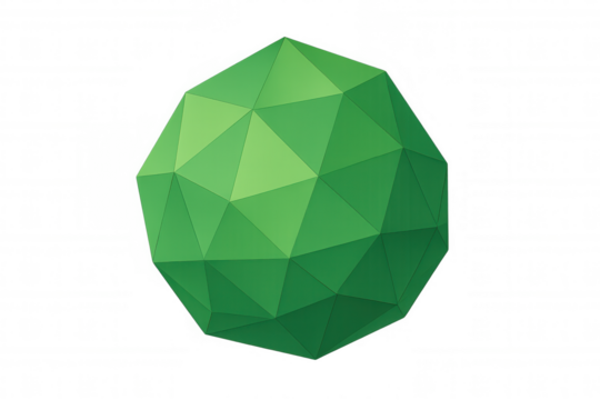 Green abstract faceted geometric polyhedron sphere presenting a low poly 3d shape on transparent background