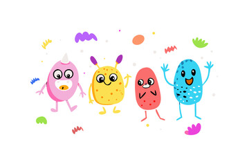 Fototapeta premium Cute cartoon monsters with funny faces and colorful confetti
