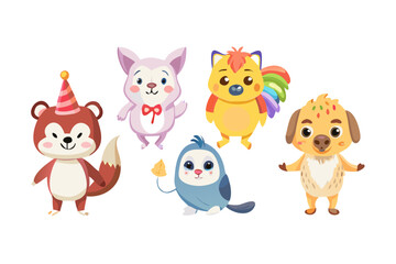 Naklejka premium Collection of adorable cartoon animals with party hat