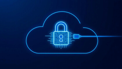 A Blue Glowing Cloud with a Padlock and Microchip, a Visual for Cloud Security, Data Protection, and Cybersecurity