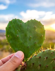 Heart-shaped cactus pad held in hand against a sunset sky