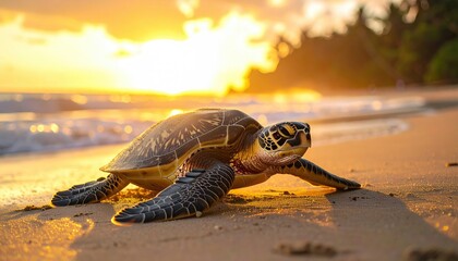 Sea Turtle Crawling on Golden Sandy Beach at Sunset with Ocean Waves and Lush Green Trees Silhouetted Against the Bright Sky