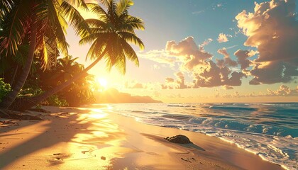Seascape at Sunset with Golden Light Illuminating Sandy Beach and Palm Trees