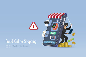 Fraud online shop on smartphone. Hacker online phishing money from online fake shop. Cyber crime concept. 3D vector.