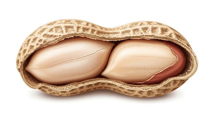 Naklejka premium Closeup Detailed Realistic Peanut Shell with Two Light Brown Nuts Inside on White Background