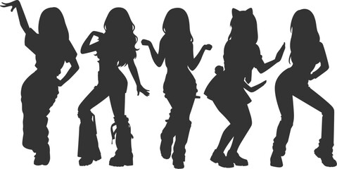Set silhouette illustrations of kpop idols singing and dancing on stage. Flat vector kpop music star. Modern group dancers with various different styles, poses and choreography. Korean pop cultures.
