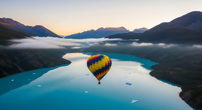 Hot Air Balloon Flight Over a Serene Lake Surrounded by Mountains at Sunrise