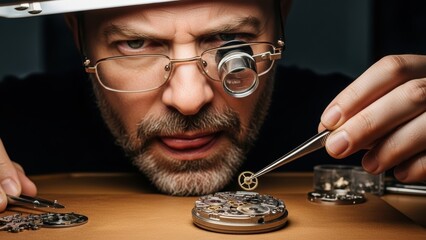 A focused, bearded watchmaker repairing the gears of a mechanical watch.