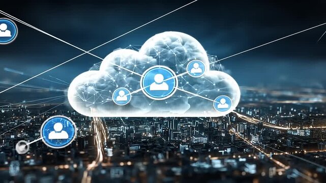 Cloud computing concept with user icons connecting over a city skyline at night, showcasing technology - Powered by Adobe