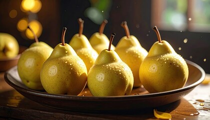 Several Ripe Yellow Pears Displayed on Plate with Bokeh Lights in Warm Tones Still Life