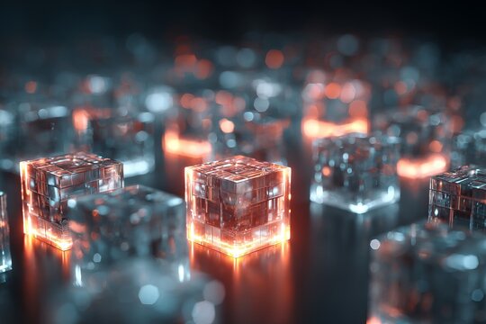 Glowing transparent cubes futuristic blockchain design