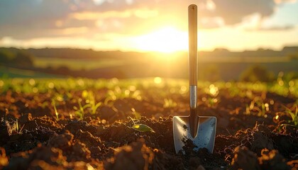 Shovel Stuck in Fertile Brown Soil at Golden Sunset with Glowing Warm Light on Farm Land in Rural Agriculture Environment